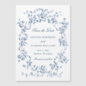 Classic Dusty Blue Flowers & Ribbons Save the Date Magneteinladung (Vorderseite)
