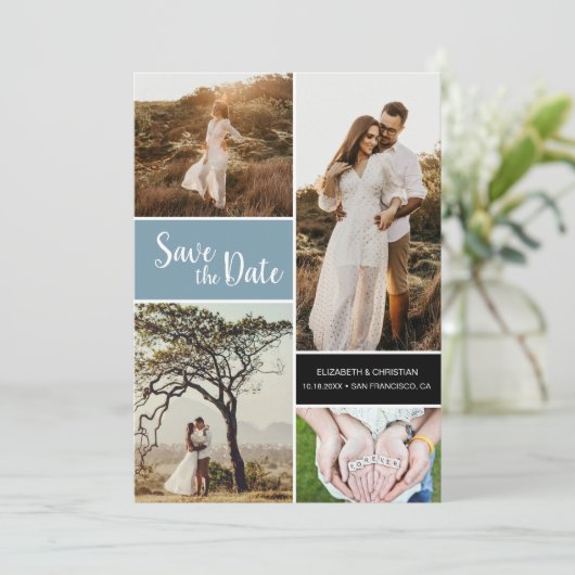 Classic Dusty Blue Foto Collage Wedding Save The Date (Stehend Vorderseite)