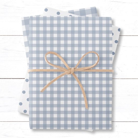 Classic Dusty Blue Gingham Polka Dots Pattern Mix Geschenkpapier Set