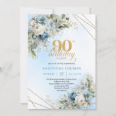 Classic Dusty Blue Gold Frame 90th Birthday Invite Einladung (Vorderseite)