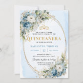 Classic Dusty Blue Gold Greenery Quince Invitation Einladung (Vorderseite)