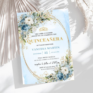 Classic Dusty Blue Gold Greenery Quince Invitation Einladung