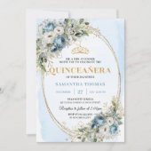 Classic Dusty Blue Gold Greenery Quinceañera Einladung (Vorderseite)