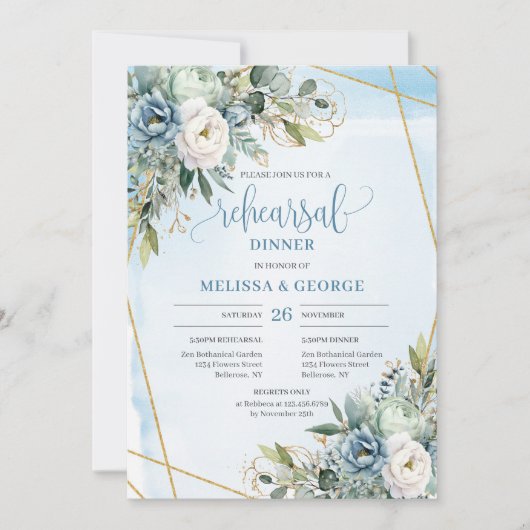 Classic Dusty Blue Greenery Gold Frame Probe Einladung (Vorderseite)