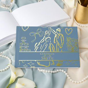 Classic Dusty Blue Hand Drawn Wedding Sketch Art Gästebuch