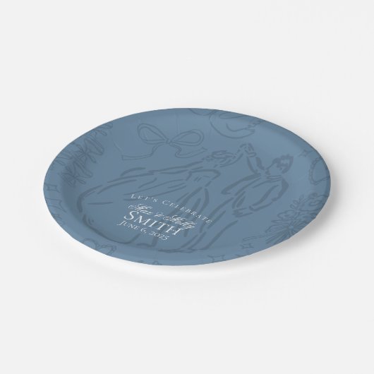 Classic Dusty Blue Hand Drawn Wedding Sketch Art Pappteller (Schrägansicht)