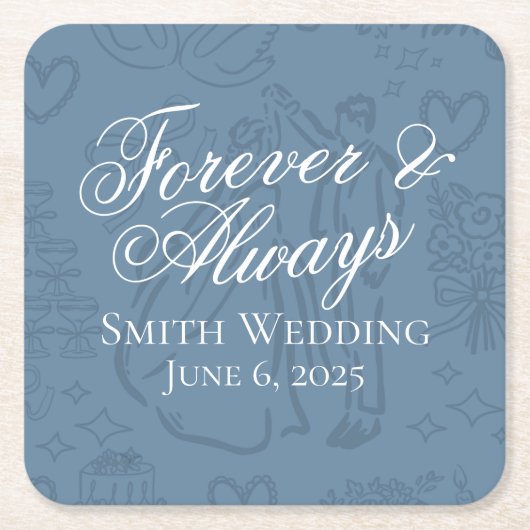 Classic Dusty Blue Hand Drawn Wedding Sketch Art Rechteckiger Pappuntersetzer (Vorderseite)