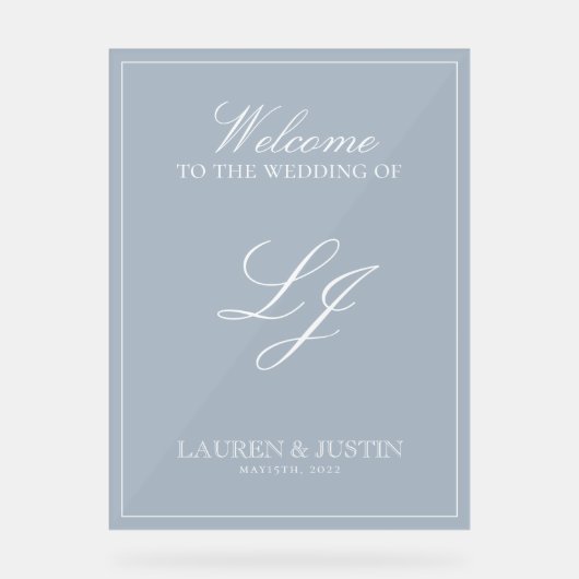 Classic Dusty Blue Modern Monogram Script Willkomm Acrylschild (Vorderseite)