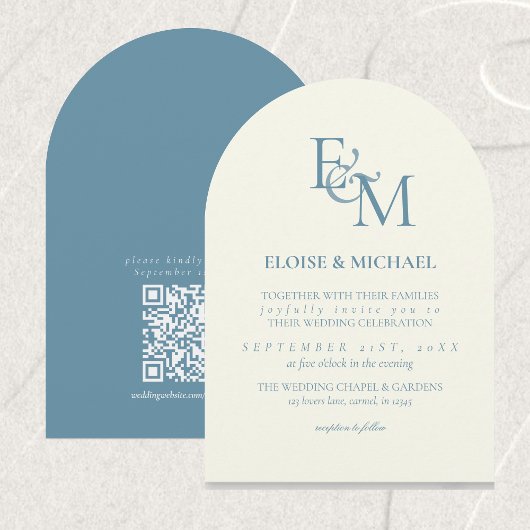 Classic Dusty Blue Monogram Minimalist Wedding Einladung