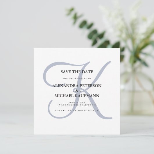 Classic Dusty Blue Monogram Save The Date (Stehend Vorderseite)