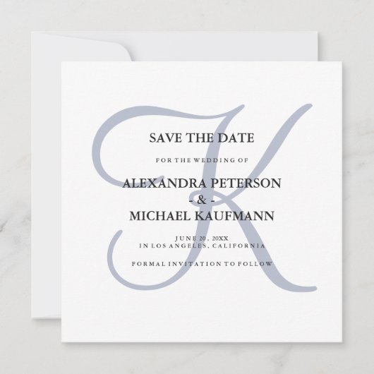Classic Dusty Blue Monogram Save The Date (Vorderseite)