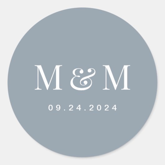 Classic Dusty Blue Monogram Typography Wedding Runder Aufkleber (Vorderseite)