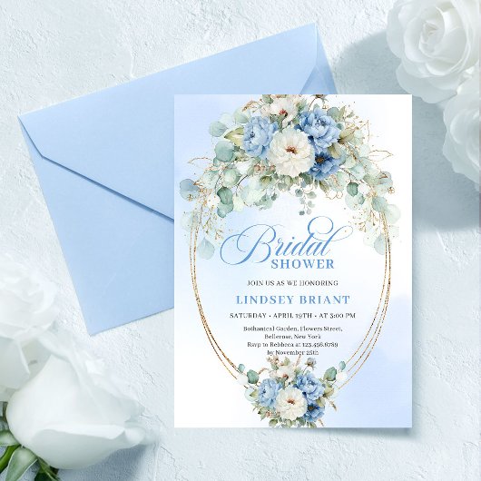 Classic Dusty Blue Peony Gold Bridal Shower Invite Einladung