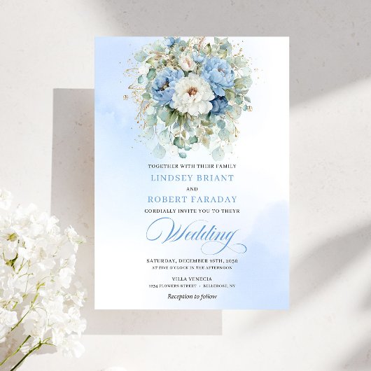 Classic Dusty Blue Peony Watercolor Wedding Invite Einladung