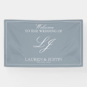 Classic Dusty Blue Script Moderne Monogram Willkom Banner (Horizontal)