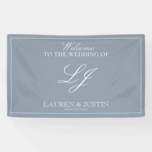 Classic Dusty Blue Script Moderne Monogram Willkom Banner (Horizontal)