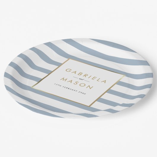 Classic Dusty Blue Stripe Imitate Goldmedaille Hoc Pappteller (Schrägansicht)