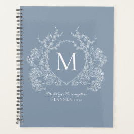 Classic Dusty Blue Vintag Floral Wappen Monogramm Planer
