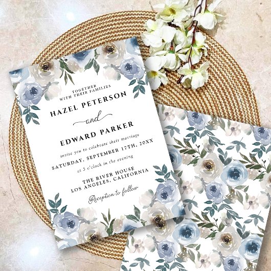Classic Dusty Blue Watercolor Floral Wedding Einladung