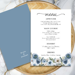 Classic Dusty Blue Watercolor Floral Wedding Menükarte