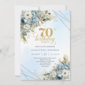 Classic dusty blue watercolor florals 70 birthday einladung (Vorderseite)