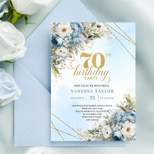 Classic dusty blue watercolor florals 70 birthday einladung