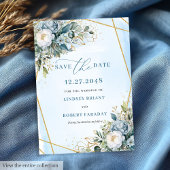 Classic Dusty Blue White Gold Floral Save the Date Einladung