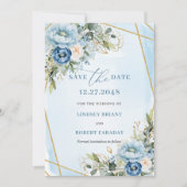 Classic Dusty Blue White Gold Peony Save the Date Einladung (Vorderseite)