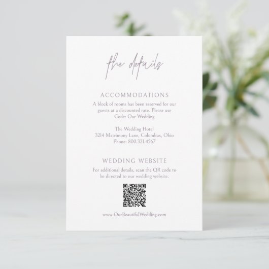 Classic Dusty Lilac QR Code Elegant Wedding Begleitkarte (Stehend Vorderseite)