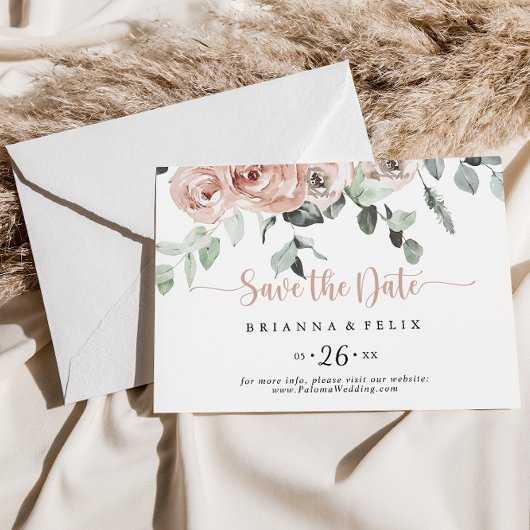 Classic Dusty Pink Floral Horizontal Wedding Save The Date