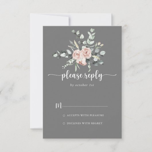 Classic Dusty Pink Rose Blumengraue Hochzeit RSVP (Vorderseite)