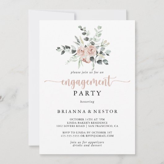 Classic Dusty Pink Rose Floral Engagement Party Einladung (Vorderseite)