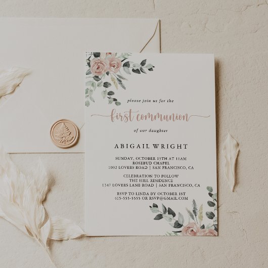 Classic Dusty Pink Rose Floral Erste Kommune Einladung
