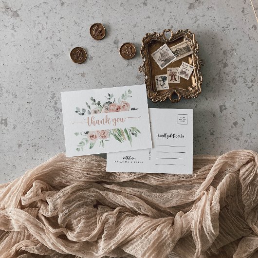 Classic Dusty Pink Rose Floral Vielen Dank Postkarte