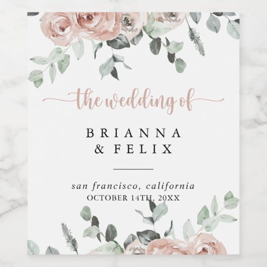 Classic Dusty Pink Rose Floral Wedding Wine Labels Weinetikett (Einzelnes Label)