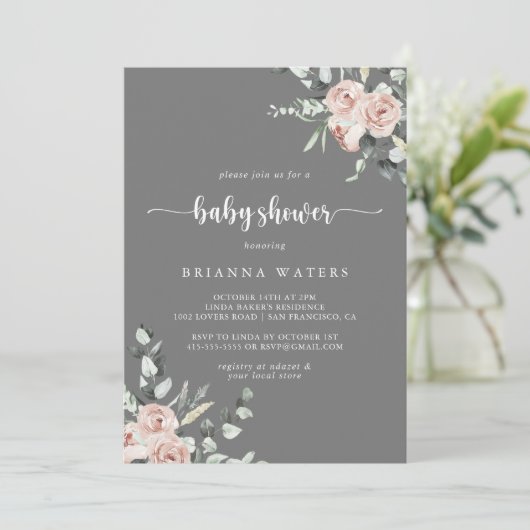 Classic Dusty Pink Rose Gray Baby Dusche Einladung (Stehend Vorderseite)