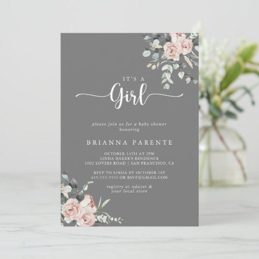 Classic Dusty Pink Rose Gray Es ist ein Mädchen Einladung (Stehend Vorderseite)