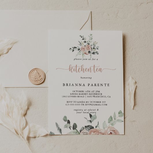 Classic Dusty Pink Rose Kitchen Tee Brautparty Einladung