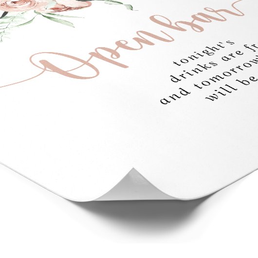 Classic Dusty Pink Rose Wedding Open Bar Sign Poster (Ecke)