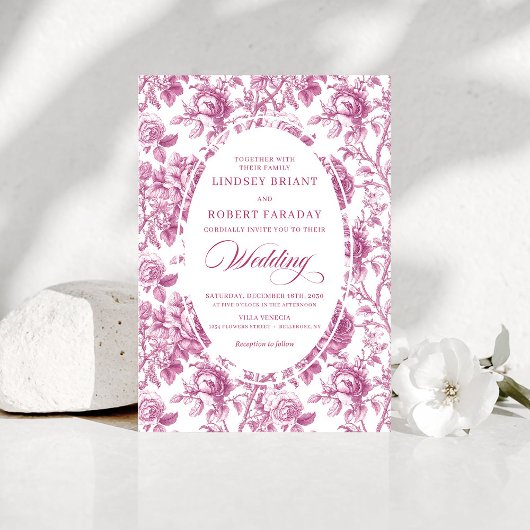 Classic Dusty Pink Toile Floral Wedding Invitation Einladung