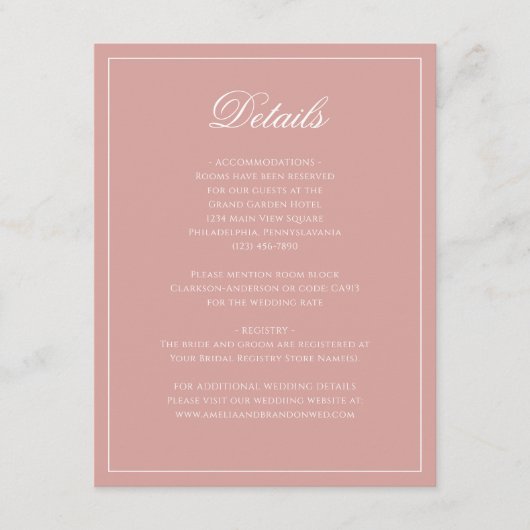 Classic Dusty Rose Border Script Wedding Details Begleitkarte (Vorderseite)