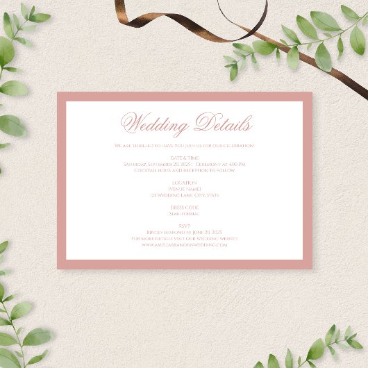 Classic Dusty Rose Border Script Wedding Details Begleitkarte