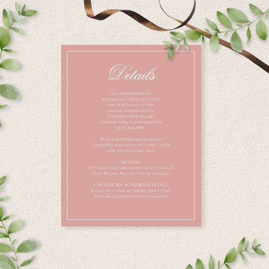 Classic Dusty Rose Border Script Wedding Details Begleitkarte