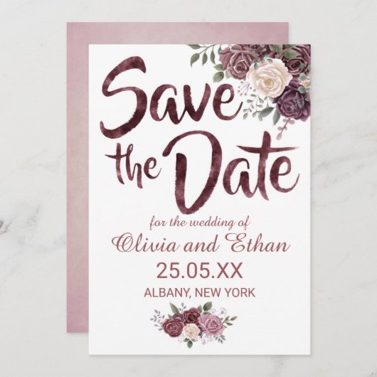 Classic Dusty Rose Floral on White Save The Date (Vorne/Hinten)