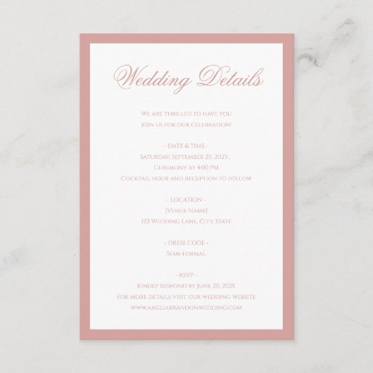 Classic Dusty Rose Monogram Script Wedding Details Begleitkarte (Vorderseite)