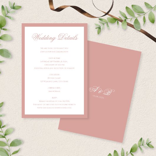 Classic Dusty Rose Monogram Script Wedding Details Begleitkarte