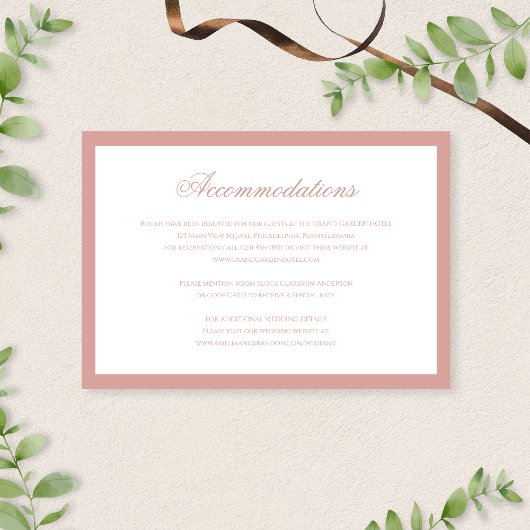 Classic Dusty Rose Script Wedding Accommodations Begleitkarte