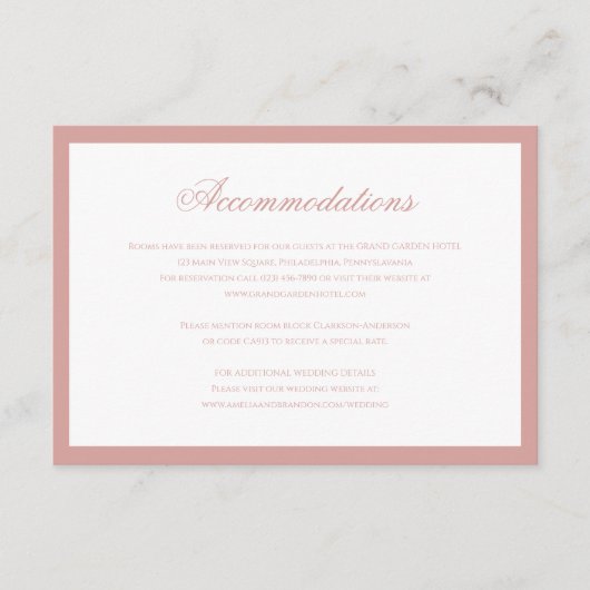 Classic Dusty Rose Script Wedding Accommodations Begleitkarte (Vorderseite)