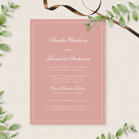 Classic Dusty Rose & White Border Script Wedding Einladung