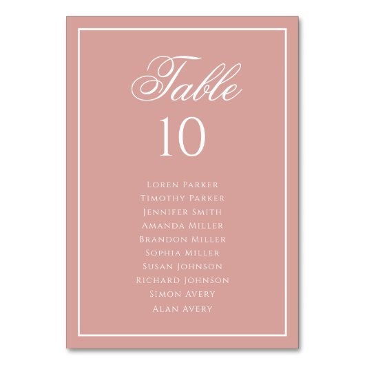 Classic Dusty Rose & White Wedding Seating Chart Tischnummer (Rückseite)